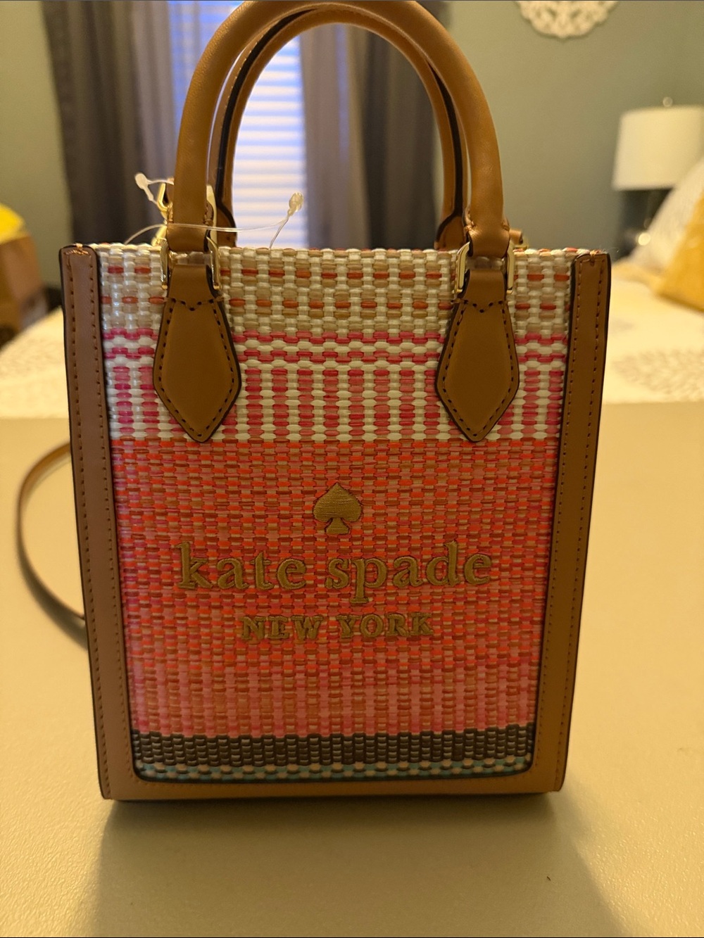 kate spade woven mini tote in pink, tan and coral